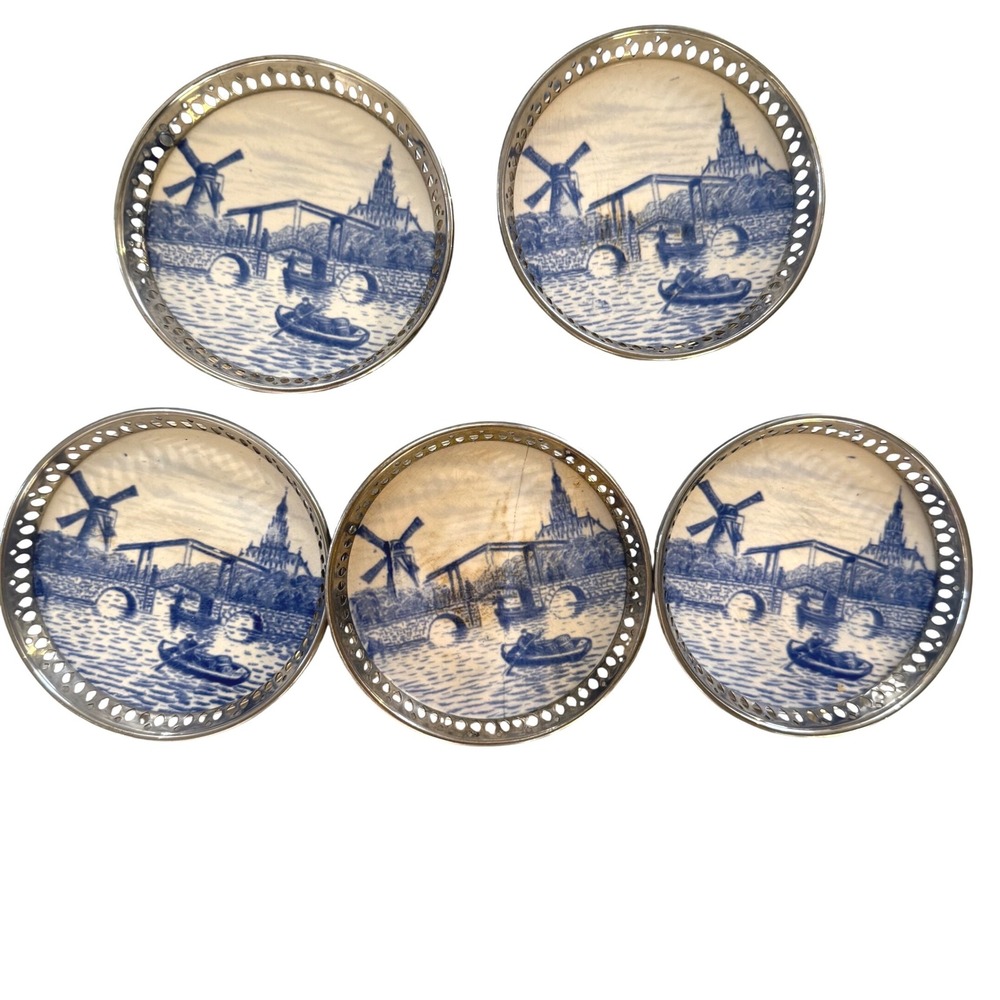 Vtg STERNAUWARE NEW YORK 6 Pc Coaster Set DELFT Blue Windmill Tray Metal Holders - Picture 4 of 11
